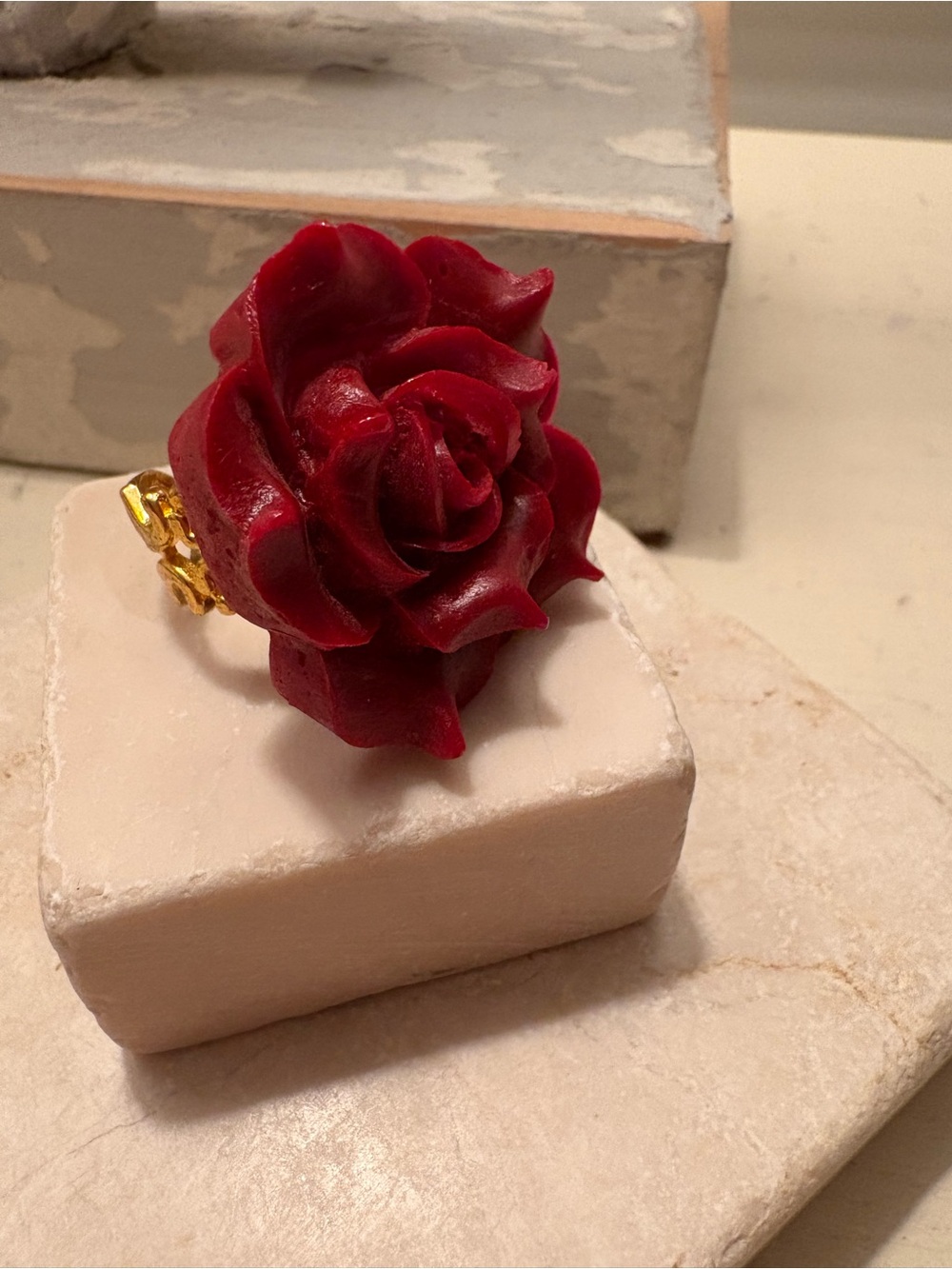 Red Lipstick Rose Sculpted Statement Ring - Women Jewelry Adjustable Gold Shank